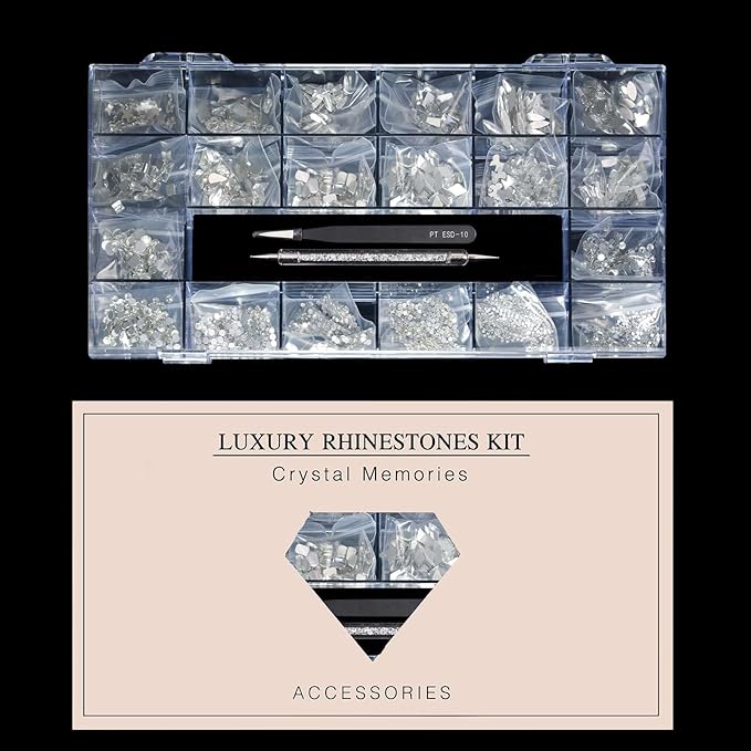 12 Types of 600 White Diamonds + 2500 Flat Rhinestones Mix 20 Styles Flatback DIY Crafts Rhinestone Crystals 3D Ornament‌s Flat Back Stones Set + Tweezers + Drill Pen