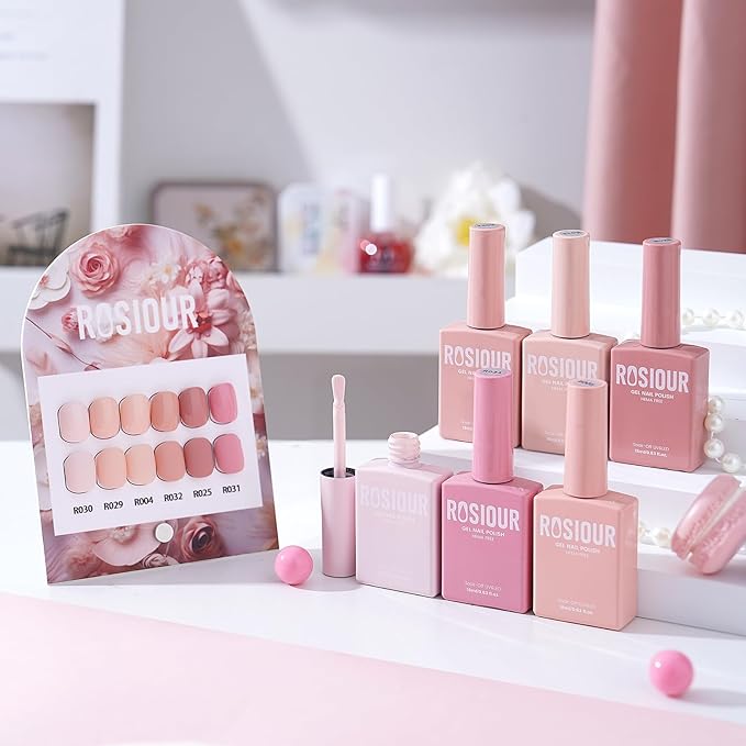 6PCS 18ml Nude Gel Nail Polish Set- Hema Free Nude Pink Yellow Soak off Gel Polish Set with Swatch Board- Light Pink Off-White Gel Colors Nail Art Manicure Salon DIY at Home for Women Girl