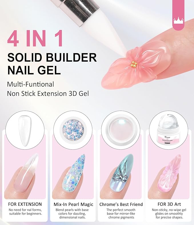 Solid Builder Gel and Chrome Nail Powder Kit BISHENGYF: 60g 4 In 1 No Wipe 3d Sculpting Nail Gel Aurora Pink White Pearl Chrome Nail Powder Clear Non-Sticky Hand Extension Glue for Nail Decoration