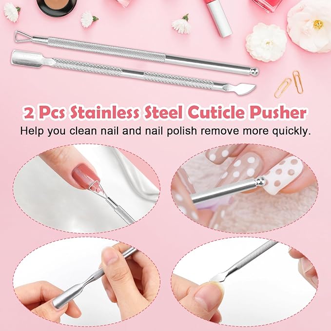 1080 + 3 Pcs Lint Free Nail Wipes Kit, Disposable Nail Polish Remover Pads Non-Woven Nails Eyelash Extensions Wipes, Nail Polish Remover Wipes with 200 ML Bottle, 2 Pcs Cuticle Pusher (Pink)