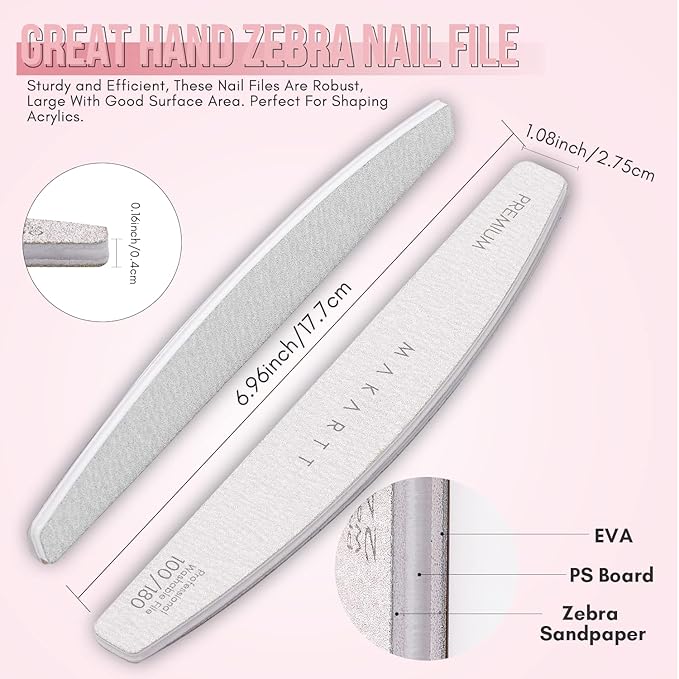 Makartt Nail File: 100/100 Grit Emery Boards for Nails, Doubled Sides Washable 10pcs Zebra Coarse Filer Kit for Shaping Acrylic and Extension Gel, Pedicure Manicure Tools Salon Home Use