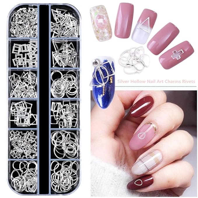 5 Boxes Gold Silver 3D Metal Punk Studs Star Moon Heart Triangle Ring Square Rivet Gems Nail Art Jewels and 4 Sheets Nail Stickers with a Curved Tweezers and a Nail Brush (Gold & Silver)