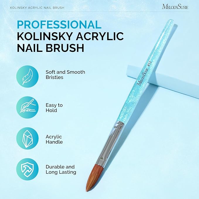 MelodySusie Kolinsky Acrylic Nail Brush,66% Kolinsky Hair Professional Nail Art Brush for Acrylic Application, Aurora Collection Fine Glitter Brush, Blue, Size 12