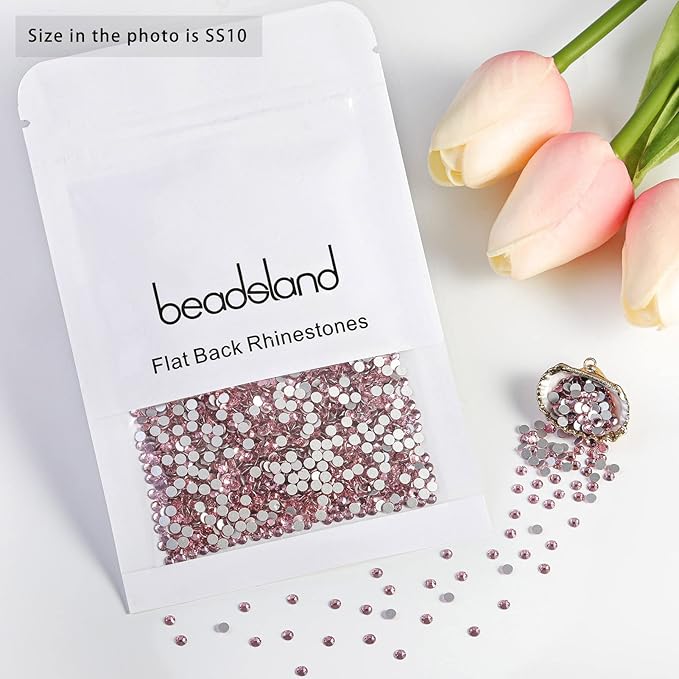 Beadsland 2880pcs Flat Back Crystal Rhinestones Round Gems for Nail Art and Craft Glue Fix,Light Pink,SS10,2.7-2.9mm