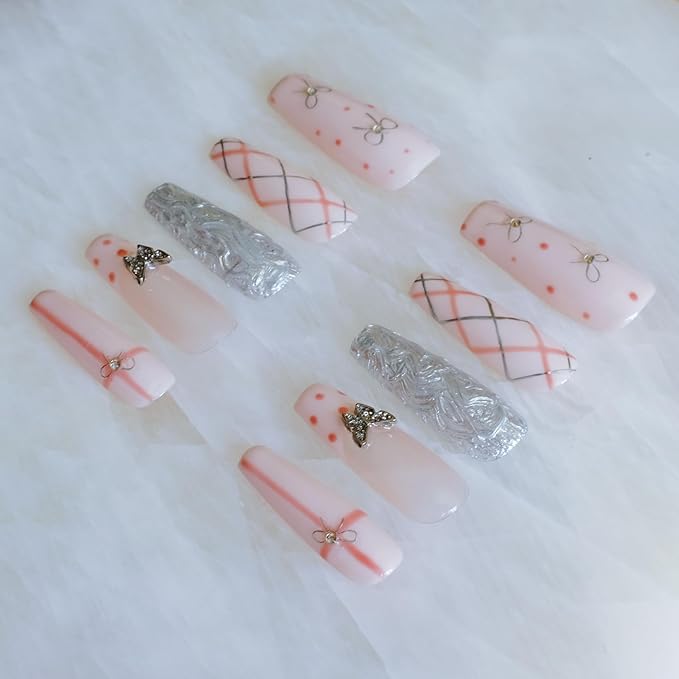 Press-on Nails, Long Ballerina Style, Pink with 3D Silver Butterfly and Bow Design, Handmade False Nail 10 Pieces (Small, LB)