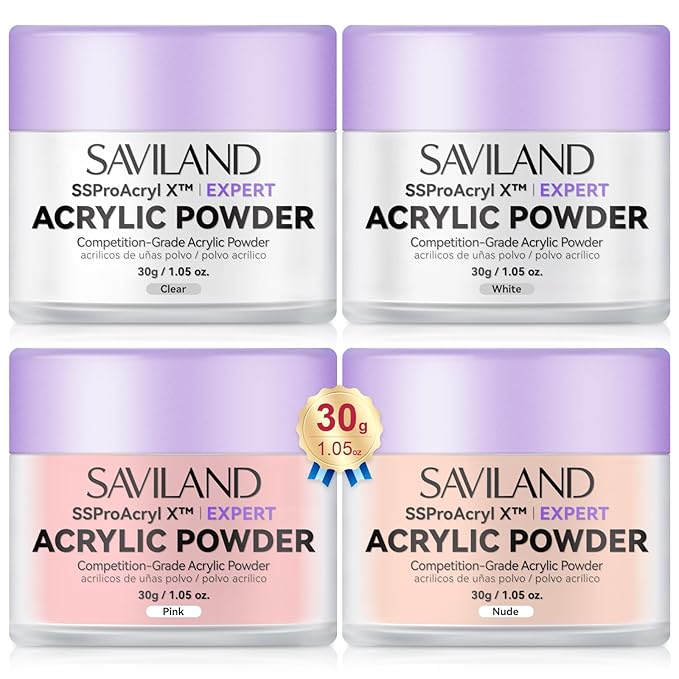 SAVILAND Acrylic Powder: 4PCS 1oz 30g Clear White Nudes Pink Colored Keratin Acrylic Nail Powder Set Professional Nail Powder for Extension 3D Carving