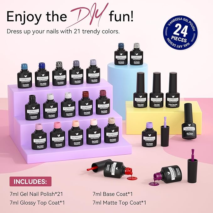 VANREESA 24 Pcs Gel Nail Polish Set, 21 Colors Gel Polish with Base Coat Glossy & Matte Top Coat Nude Pink Red Purple Gray Blue Glitter Gel Polish Kit Nail Kit Gifts for Women Girls