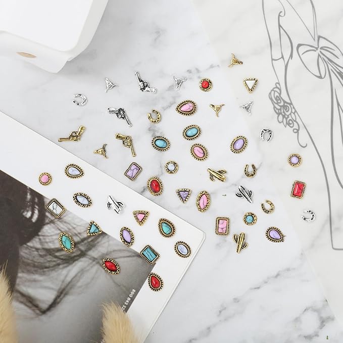 50 PCS Western Nail Charms Turquoise Gems - Mix Color 3D Vintage Turquoise Nail Charms, Retro Cowboy Gemstones Western Art Ornament for Women Daily DIY