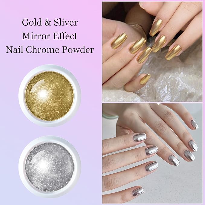 6 Colors Chrome Nail Powder, Mirror Effec Metallic Chrome Powder for Gel Nails, Sliver, Gold, White Pearl, Laser/Silver Nail Decoration Glitter Dust for Nail Art