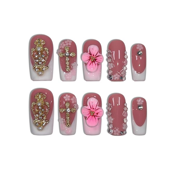 Squoval Press on Nails Medium - White French Tips with 3D Cross & Floral Lace, Reusable & Handmade False Nails for Edgy Everyday Wear | Sweet Gothic Style(S)