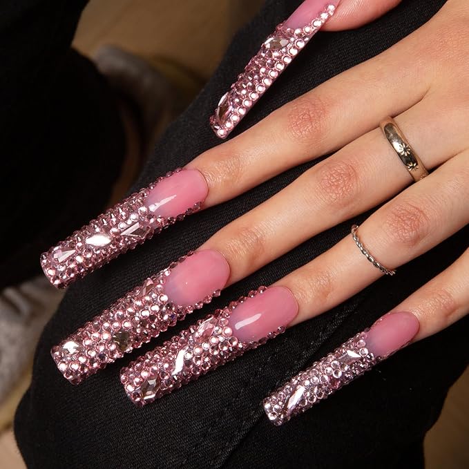 LOVFUL Press on Nails Pink French Tip Rhinestone | Handmade with Full Covered Crystals | Reusable Fake Nails | Square Long 2.2 in | H27-S