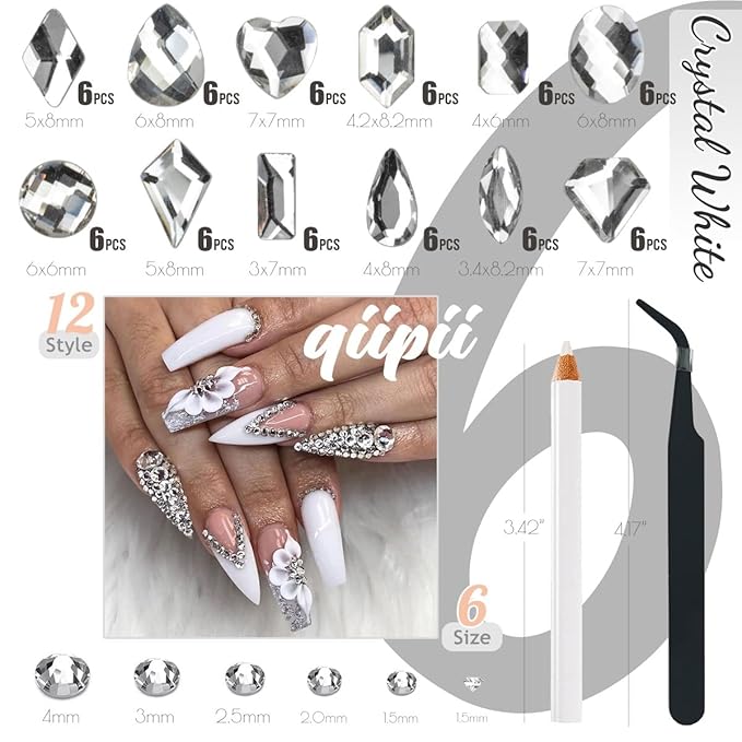2052 Crystal White Nail Art Rhinestones Silver Clear Nail Charms 72 Multi Shapes Flatback Stones Big Gems +1980 Round Beads K9 Glass Diamonds Crystals Jewels for Nails Face Eyes Makeup Crafts