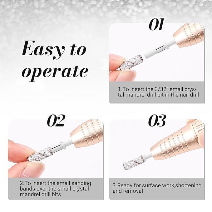 MelodySusie Small Crystal Top 3.1mm Mandrel Bit for Nails, 3/32'' Easy Off Nail Drill Bits for Sanding Bands, Suitable for Acrylic Nails Gel Manicures and Pedicures, White