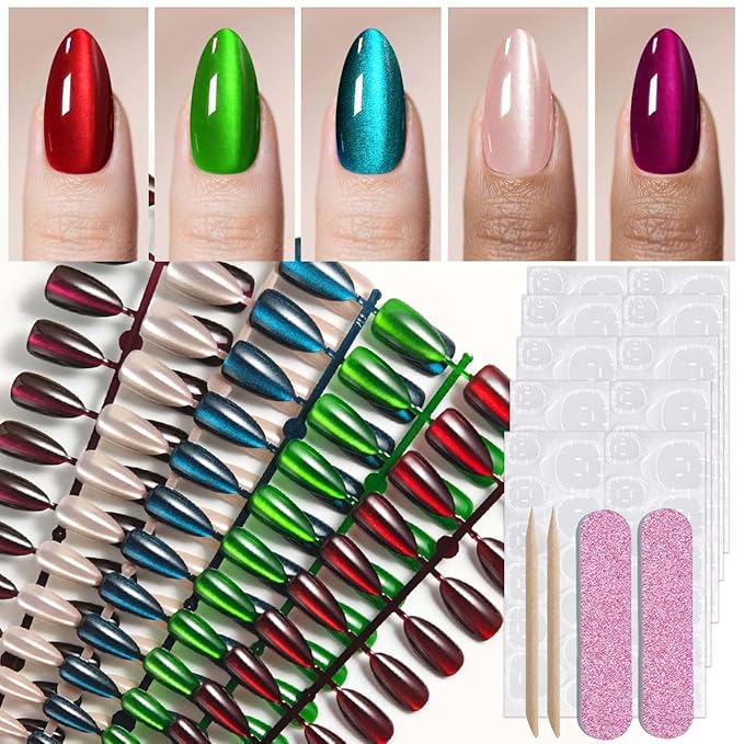 Cat Eye Press on Nails Pack Medium Almond Nails Press ons in 5 Colors(Red,Green,Blue,Purple & Nude),Reusable Artificial Fake Nails with Design Full Cover Stick on Nails for Women Manicure 150Pcs