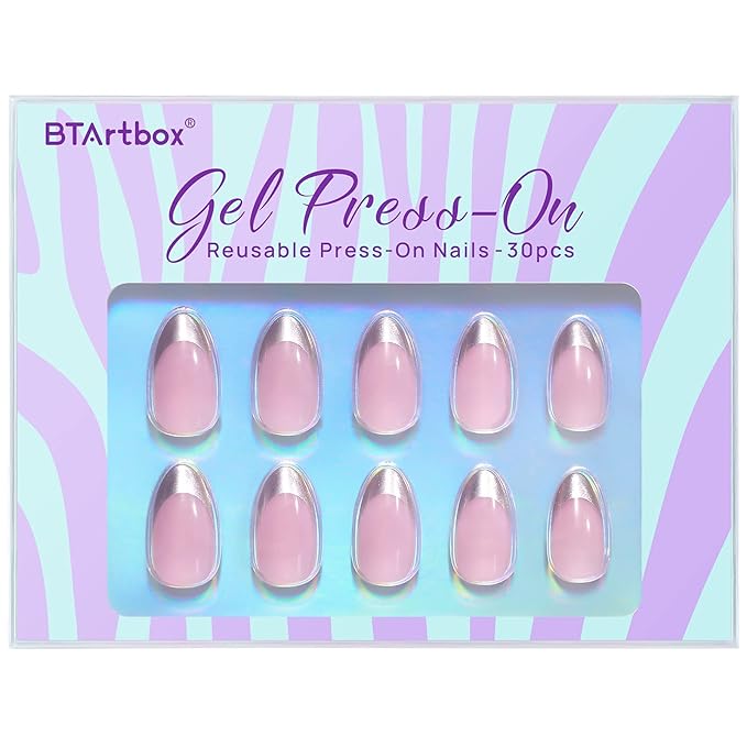 French Tip Press On Nails - BTArtbox Short Almond Fake Nails, Fit Perfectly & Natural Reusable Silver Outline Soft Gel Nails with Nail Glue and Jelly Glue in 16 Sizes, Rock Me