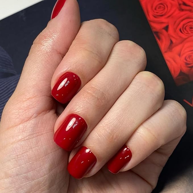 Red Press on Nails Short Square, Natural Short Gel Nails Glue on Acrylic Nails Press ons, 48Pcs Thick Reusable Fake Nails for Women, Short Coffin Artificial Nails New Solid Color Square Nails