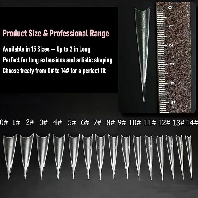 Stiletto Nail Tips Sharp Solid Core Stiletto Half Cover Press on Nails, XXL Clear Fake Acrylic Nails False Nail Tips for Nail Art Design Salon Artistic and Home DIY 15 Sizes