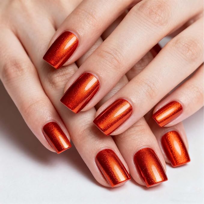 Semi Cured Gel Nail Strips - Chrome Orange Red Nail for Date Wear, 20 Pcs DIY at Home Nail Art, UV/LED Lamp Required, Beginner Friendly & Salon Quality Manicure