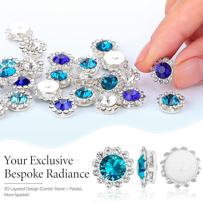 200 Pcs 12MM Sew on Rhinestones Mixed Colors Crystal Glass Metal Base Flower Shape, Flatback Rhinestones for Crafting, Sewing Accessories for Clothes and Shoes (Blue)