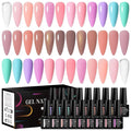 MEET ACROSS 18Pcs Rubber Gel Base Coat for Nails, Nude Brown Rubber Base Gel Polish Pink Violet Strengthener Gel for Thin Weak Nails 7ml