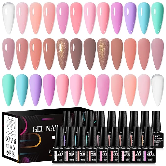 MEET ACROSS 18Pcs Rubber Gel Base Coat for Nails, Nude Brown Rubber Base Gel Polish Pink Violet Strengthener Gel for Thin Weak Nails 7ml