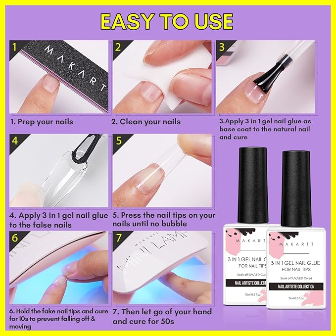 Makartt Gel Nail Glue: 3 in 1 Nail Glue Acrylic Nails Extension Super Strong Adhesive Bond Long Lasting Brush on Glues for Tips, Base Coat & Slip Solution, & Stick Rhinestone, Curing Needed, 2pcs 15ml