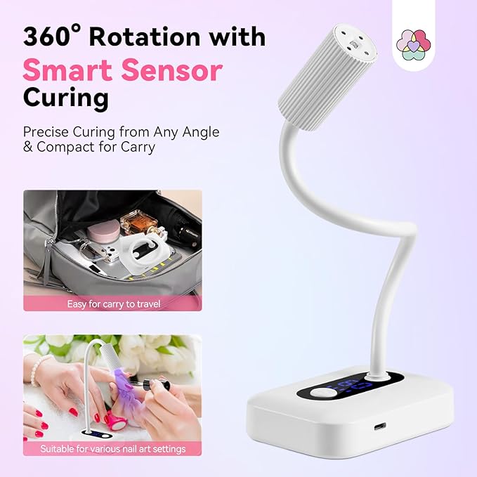 SAVILAND Smart Sensor UV Nail Lamp: Gooseneck 12W UV Light for Gel Nails 3S Flash Cure Light 3 Timer 360° Adjustable Rechargeable 6H Battery Life LED Display Flash Cure Lamp