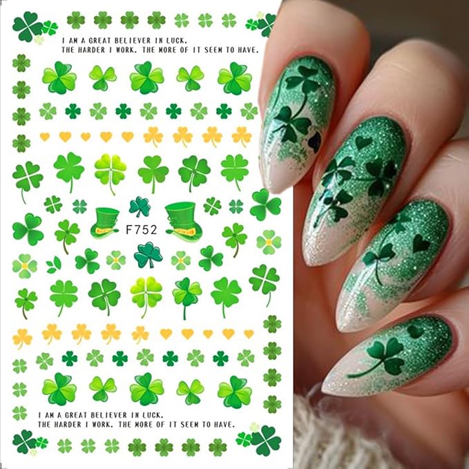 Green Shamrock Nail Art Stickers Decals 3D Self Adhesive St. Patrick's Day Nail Stickers Lucky Clover Design Spring Nail Decals Cute Heart Nail Supplies Shamrock Decoration for Women Manicure 8Pcs