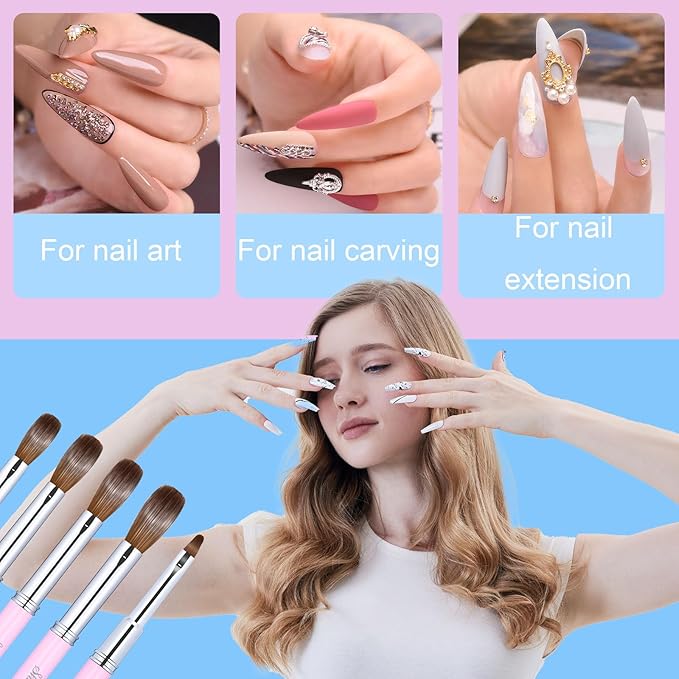 2Pcs Acrylic Nail Brushes Set, 100% Pure Kolinsky Size 10 Nail Art Brush & Small Clean Up Brush, Art Design & Polish Mistake Cleaning Manicure Tools for Women Acrylic Application
