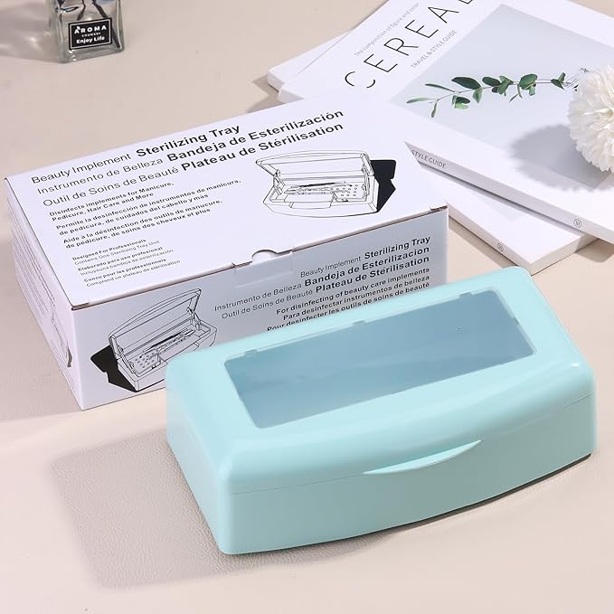Nail Tool Sterilizer Box Plastic Disinfectant Container for Nail Art Accessories Tools, Hair Salons and Beauty Centers, Sterilizer Soaking Box with Strainer Pedicure Manicure Equipment, Blue