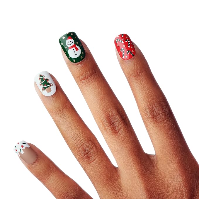 KISS Voguish Fantasy Holiday Press On Nails, ‘Snow Pops’, Multicolor, Short Squoval, No Damage To Natural Nails, Pink Gel Nail Glue (2g), Mini Nail File, Manicure Stick, & 28 Fake Nails