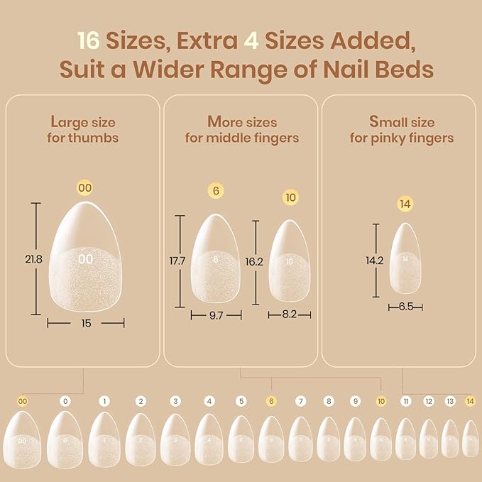 Beetles Flat-X Gel Nail Tips - Short Almond Press-On Nails 16 Sizes 320 pcs | Pre-Etched Half-Matte Full-Cover Soft Gel Tips Fake Nail for Flat & Natural Nail Beds - Easy DIY Salon
