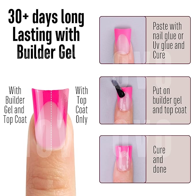 NOVO OVO French Tip Short Duck Nail Tips Press On 5 MIXED COLOR, Pre-designed Soft Gel Nail Extension, Pre-applied Tip Primer & Base Coat, Full Cover Acrylic False Nails for DIY x 12 Sizes 240 pcs