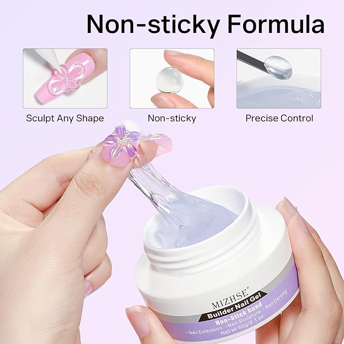 MIZHSE 3D Gel Nail Art Sculpting Gel, 60g Large Capacity Clear Solid Builder Gels for Nails, Non-Sticky Molding Hard Gels for Nail Art Charms, UV LED, with Gold Chrome Powder & Silicone Flower Mold