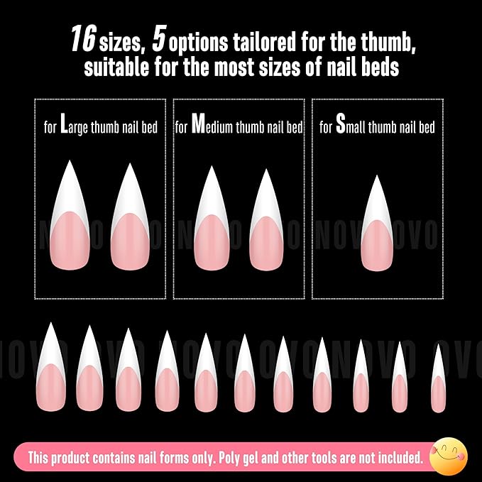 NOVO OVO White French Tip Long XL Sharp Stiletto Nail Tips Press on BABY PINK, Soft Gel Double Matte Fake Nail Extension, Full Cover False Nails for Acrylic DIY x 16 Sizes 160 pcs
