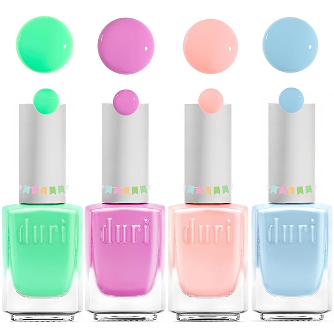 duri Nail Polish Set 4 Pack, Pink Orange Green Blue Neon Pastel Nail Polish Quick Dry Fingernail Lacquer, DIY Salon at Home, Spring Summer Vacation Gift for Girl