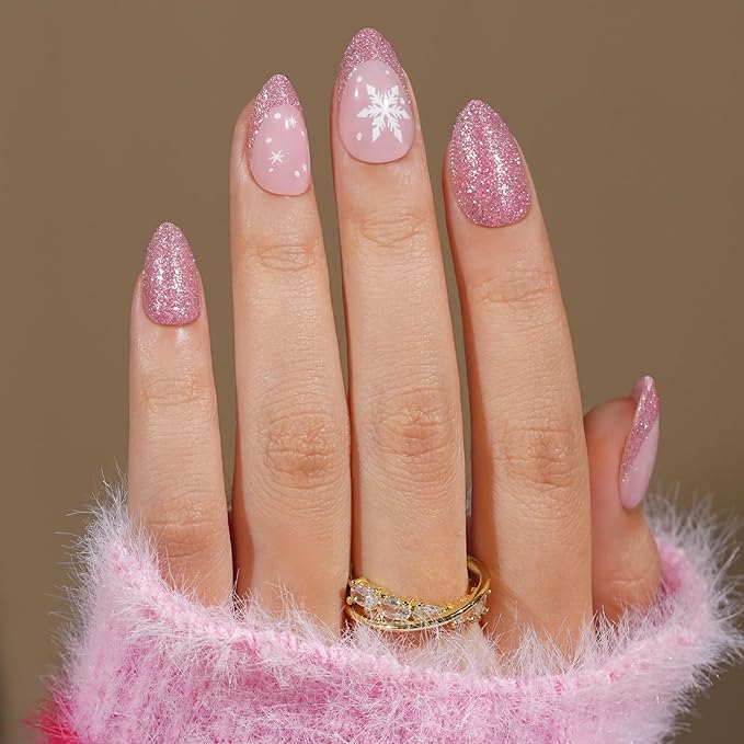 Press On Nails Almond - Jofay Fashion Pink Snowflake Glitter Press On Nails, Glossy Acrylic Fake Nails with Glue for Women, Reusable Winter Glue On Nails in 16 Sizes - 32 Stick On Nails Kit