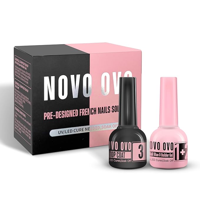 UV Nail Glue and Builder Gel 2 in 1, No Wipe Top Coat Kit for Predesigned French Tip Nail Tips, NOVO OVO Super Strong Adhesive for Press on Nails, 30+ Days Long Lasting, Salon Effect, Easy to Use