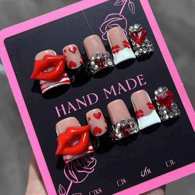 10Pcs Valentines Duck Press on Nails Handmade French Tip Press on Nails Short Duck Fake Nails Valentines False Nails with 3D Red Lips Heart Rhinestone Design Artificial Glue on Nail for Women (M)