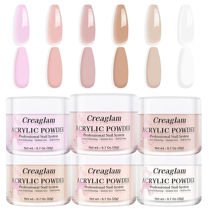 Professional Acrylic Nail Powder Kit - 6 Colors for French Extensions & 3D Nail Art, No Lamp Needed, Non-Yellowing, Bubble Free, Long Lasting Salon Quality Powder