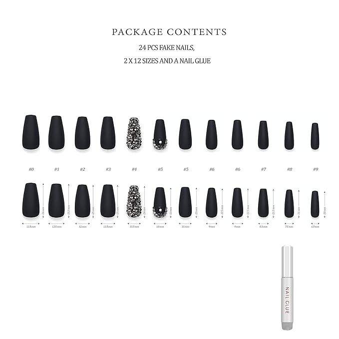Hypnaughty 24 Pcs Rhinestone Noir Coffin Press On Nails with Gunmetal Color Luxury Rhinestones and Glue Medium Length Glue On False Nails (Rhinestone Noir)