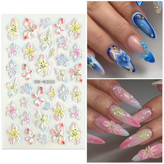 Flower Nail Art Stickers Decals 5D Embossed Nail Decals Spring Summer Colorful Flower Butterfly Nails Design Self-Adhesive 3D Accessories for Women Nails DIY Decoration(5 Sheets)