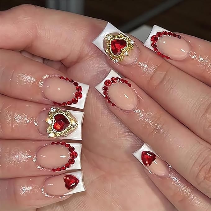 RTKHFZE Coffin Press on Nails Short Square Fake Nails White French Tip Glue on Nail False Nails with Red Heart Rhinestones Designs Acrylic Glossy Artificial Nail for Women 24Pcs