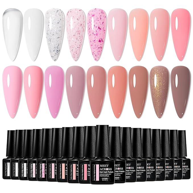 MEET ACROSS 18Pcs Rubber Builder Gel for Nails Pink Brown Gold Foil 2-in-1 Base Color Gel Polish Strengthen Gel Nail Polish Art Manicure Kit