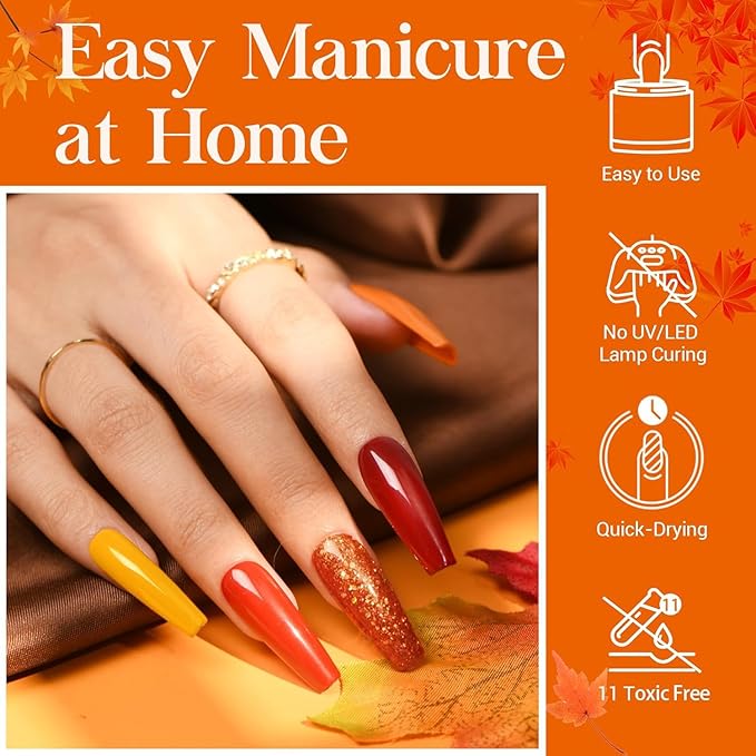 AZUREBEAUTY Dip Powder Nail Kit Starter, Orange Brown Glitter, 4 Fall Pumpkin Maple Dark Colors Set, French Halloween Nail Art Base Top Coat Activator Essential Liquid Manicure DIY Salon