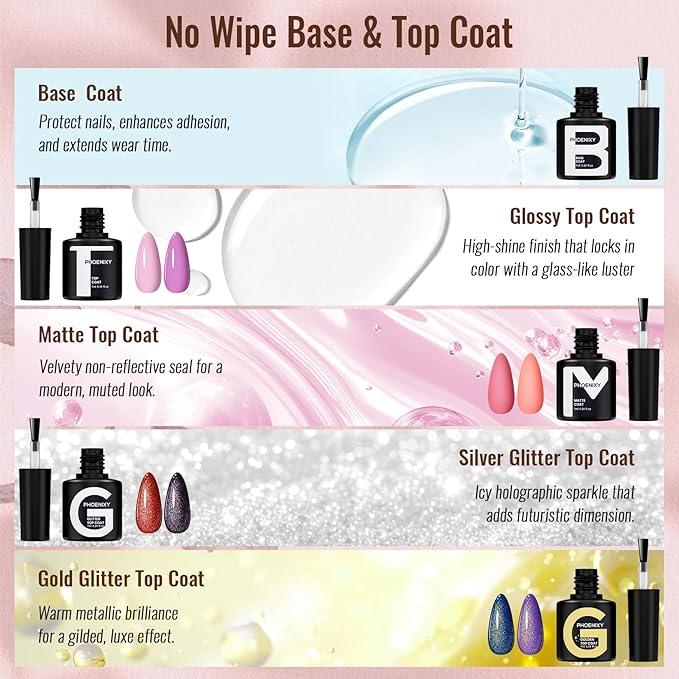 phoenixy Gel Nail Polish Kit with U V Light, 64 Pcs Gel Polish Nail Set 45 Colors All Seasons Nail Polish Set with Base and 4 Effects Top Coat Manicure Tools Complete Gel Nail Kit Gift for Women