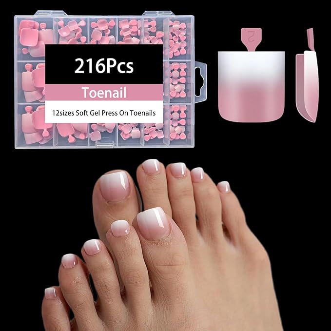 Press on Toenails Short,216Pcs Summer Pink Ombre Toenail Press Ons Square for Women,Soft Gel Toe Nail Tips, Light Weight & Fit Perfectly,Soak off Acrylic Fake Toe Nail Extensions 12 Sizes
