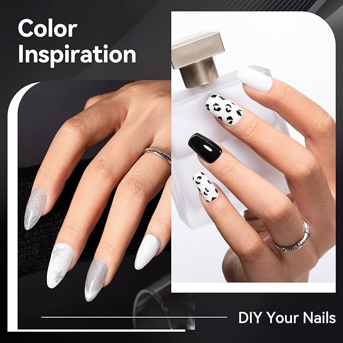 Nail Polish Set 6 Colors Black White Silver Gray Sparkle Cat Eye Glitter Shimmer Nail Polish Kit with Magnet, Quick Air Dry Non Gel, Nail Art DIY Home Travel Manicure Gift for Women Girls
