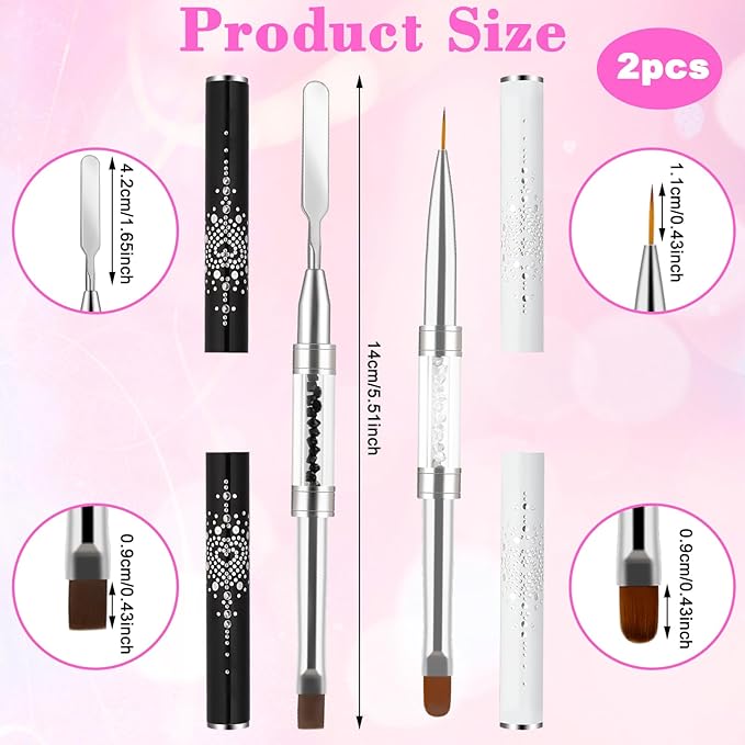 2Pcs Double Ended Nail Art Brushes Hard Gel Nail Brush French Tip Brush Hard Gel for Nails Salon Grade Rhinestone Handle Professional Nail Art Design Brushes(White, Black)