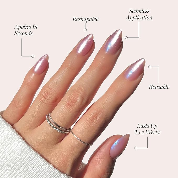 Glamnetic Press On Nails - Seaspell Fake Nails | Short Almond Pink Fake Nails with a Velvet Finish, Salon Quality Summer Nails | 15 Sizes - 30 Nail Kit with Glue